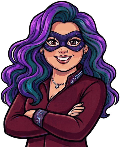 Illustration of the author of the Fabulette applications: a masked woman with purple and teal hair, arms folded.