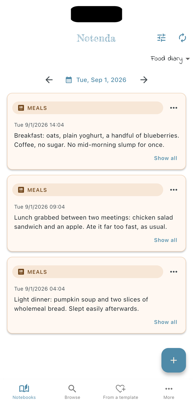 Der Startbildschirm von Notenda auf dem iPhone: das Notizbuch „Food diary“, geöffnet auf Dienstag, den 1. September 2026, mit drei Einträgen der Kategorie Meals und Pfeilen, um zum nächsten Tag zu wechseln. Die App wird hier auf Englisch gezeigt.
