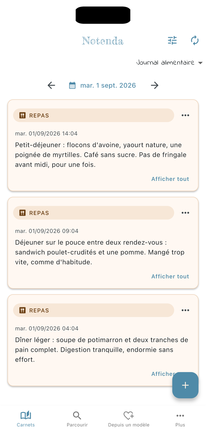 L’écran d’accueil de Notenda sur iPhone : le carnet « Journal alimentaire » ouvert sur la journée du 1er septembre 2026, trois entrées de la catégorie Repas, et les flèches pour passer d’un jour à l’autre.