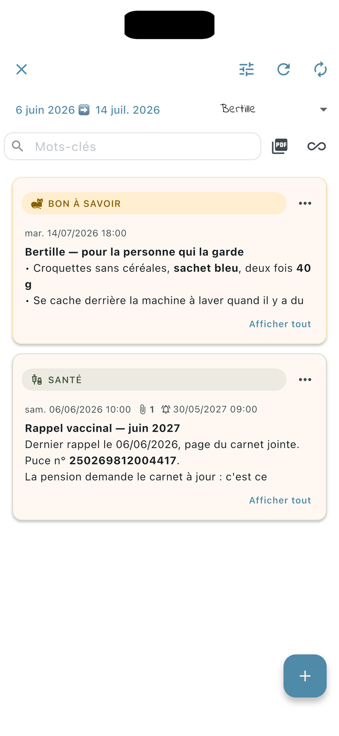 Carnet « Bertille » : la marque et la dose de croquettes pour la personne qui garde la chatte, et un rappel de vaccin daté avec le carnet vétérinaire en pièce jointe.